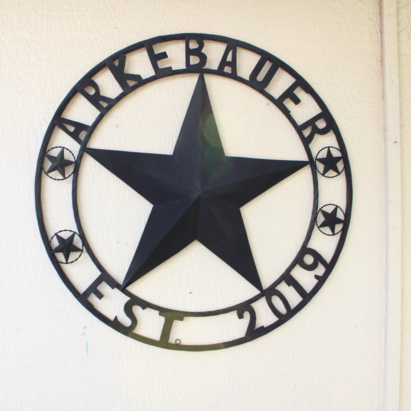 ARKEBAUER STAR STYLE YOUR CUSTOM FAMILY NAME STAR METAL BARN STAR TWISTED ROPE RING WESTERN HOME DECOR RUSTIC BLACK HANDMADE 24",32",36",40",50"