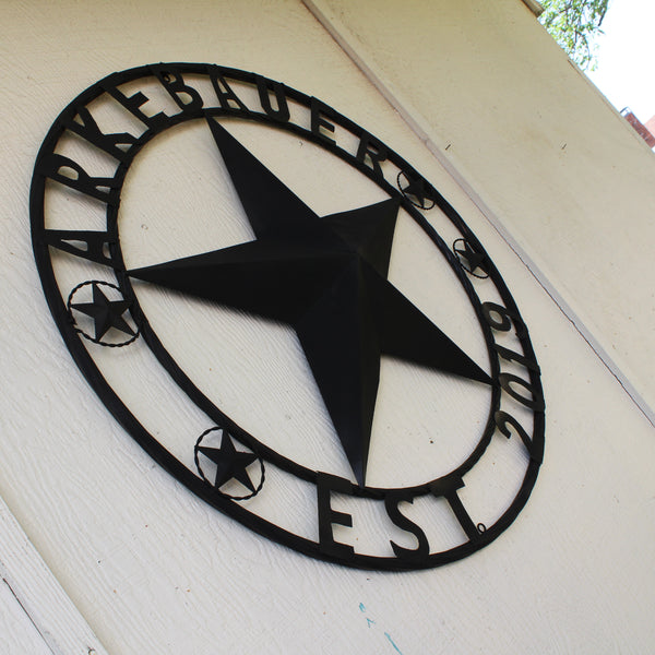 ARKEBAUER STAR STYLE YOUR CUSTOM FAMILY NAME STAR METAL BARN STAR TWISTED ROPE RING WESTERN HOME DECOR RUSTIC BLACK HANDMADE 24",32",36",40",50"