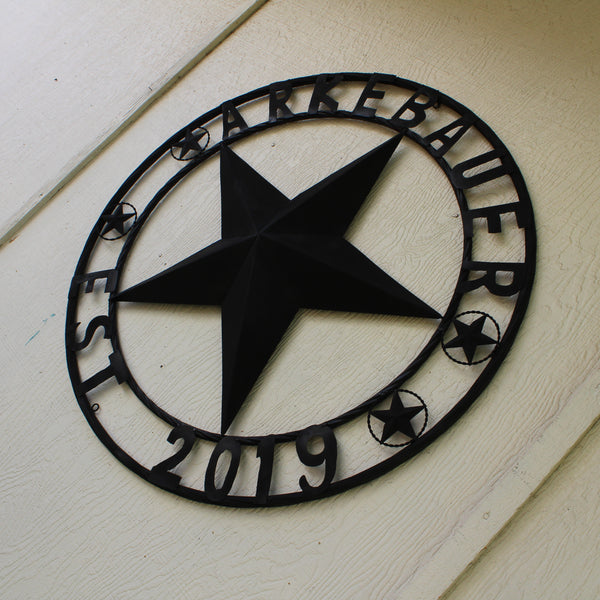 ARKEBAUER STAR STYLE YOUR CUSTOM FAMILY NAME STAR METAL BARN STAR TWISTED ROPE RING WESTERN HOME DECOR RUSTIC BLACK HANDMADE 24",32",36",40",50"