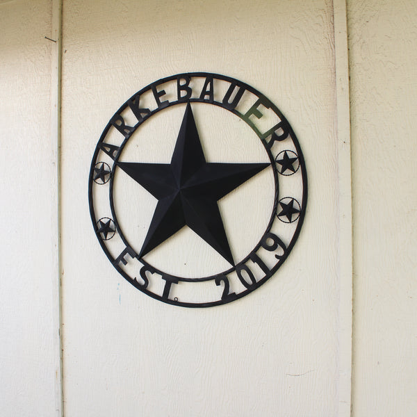 ARKEBAUER STAR STYLE YOUR CUSTOM FAMILY NAME STAR METAL BARN STAR TWISTED ROPE RING WESTERN HOME DECOR RUSTIC BLACK HANDMADE 24",32",36",40",50"