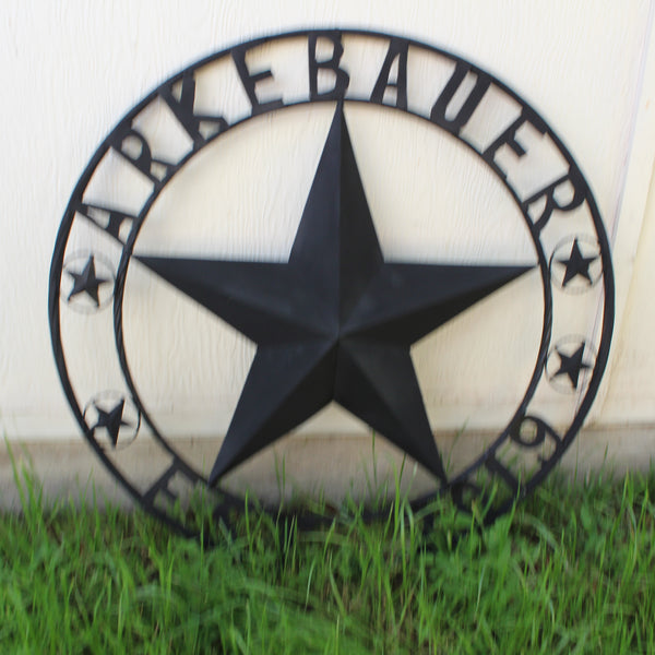 ARKEBAUER STAR STYLE YOUR CUSTOM FAMILY NAME STAR METAL BARN STAR TWISTED ROPE RING WESTERN HOME DECOR RUSTIC BLACK HANDMADE 24",32",36",40",50"