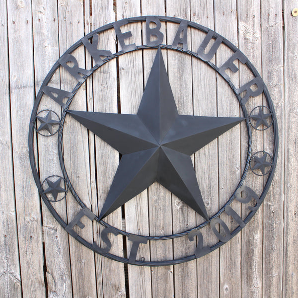 ARKEBAUER STAR STYLE YOUR CUSTOM FAMILY NAME STAR METAL BARN STAR TWISTED ROPE RING WESTERN HOME DECOR RUSTIC BLACK HANDMADE 24",32",36",40",50"