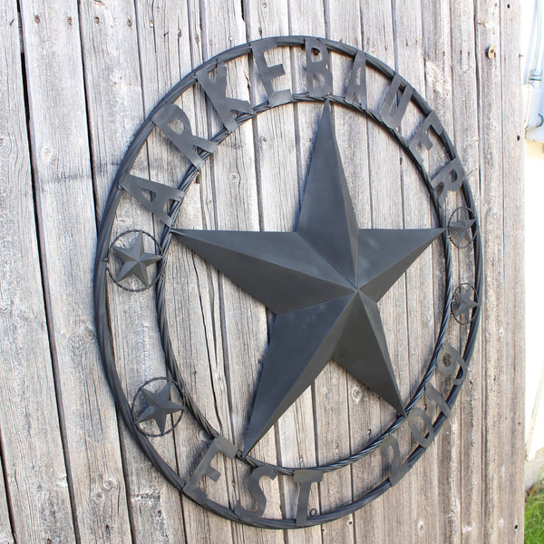 ARKEBAUER STAR STYLE YOUR CUSTOM FAMILY NAME STAR METAL BARN STAR TWISTED ROPE RING WESTERN HOME DECOR RUSTIC BLACK HANDMADE 24",32",36",40",50"