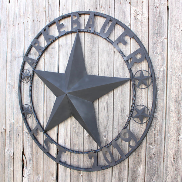 ARKEBAUER STAR STYLE YOUR CUSTOM FAMILY NAME STAR METAL BARN STAR TWISTED ROPE RING WESTERN HOME DECOR RUSTIC BLACK HANDMADE 24",32",36",40",50"