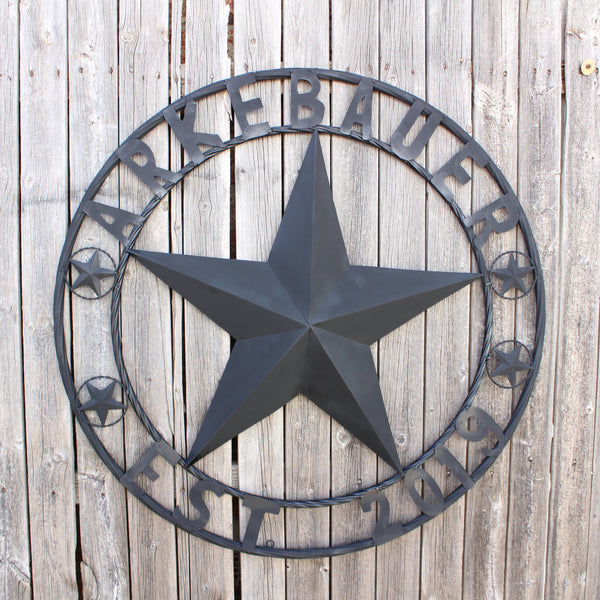 ARKEBAUER STAR STYLE YOUR CUSTOM FAMILY NAME STAR METAL BARN STAR TWISTED ROPE RING WESTERN HOME DECOR RUSTIC BLACK HANDMADE 24",32",36",40",50"