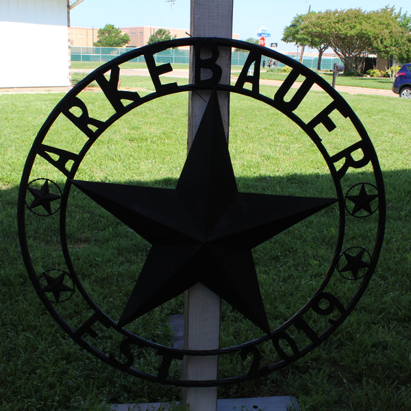 ARKEBAUER STAR STYLE YOUR CUSTOM FAMILY NAME STAR METAL BARN STAR TWISTED ROPE RING WESTERN HOME DECOR RUSTIC BLACK HANDMADE 24",32",36",40",50"