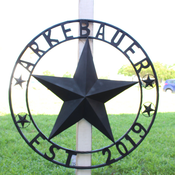 ARKEBAUER STAR STYLE YOUR CUSTOM FAMILY NAME STAR METAL BARN STAR TWISTED ROPE RING WESTERN HOME DECOR RUSTIC BLACK HANDMADE 24",32",36",40",50"