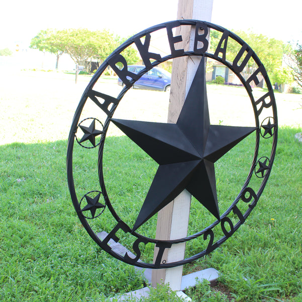 ARKEBAUER STAR STYLE YOUR CUSTOM FAMILY NAME STAR METAL BARN STAR TWISTED ROPE RING WESTERN HOME DECOR RUSTIC BLACK HANDMADE 24",32",36",40",50"