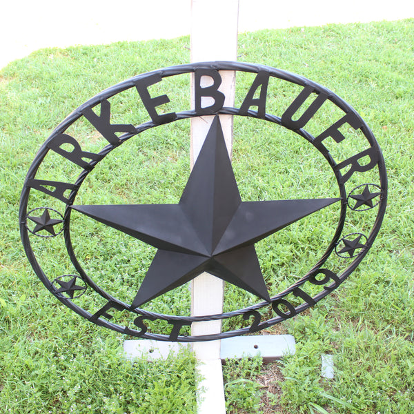 ARKEBAUER STAR STYLE YOUR CUSTOM FAMILY NAME STAR METAL BARN STAR TWISTED ROPE RING WESTERN HOME DECOR RUSTIC BLACK HANDMADE 24",32",36",40",50"