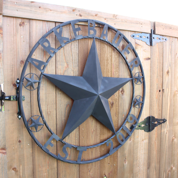 ARKEBAUER STAR STYLE YOUR CUSTOM FAMILY NAME STAR METAL BARN STAR TWISTED ROPE RING WESTERN HOME DECOR RUSTIC BLACK HANDMADE 24",32",36",40",50"