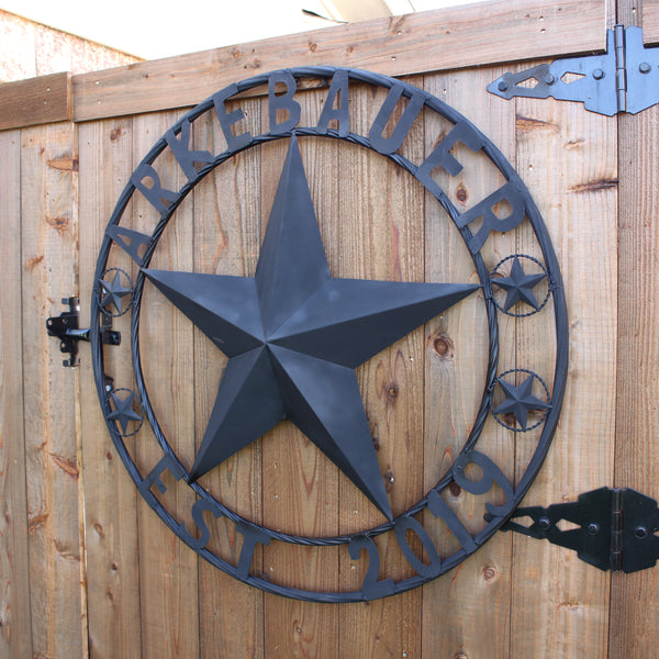 ARKEBAUER STAR STYLE YOUR CUSTOM FAMILY NAME STAR METAL BARN STAR TWISTED ROPE RING WESTERN HOME DECOR RUSTIC BLACK HANDMADE 24",32",36",40",50"