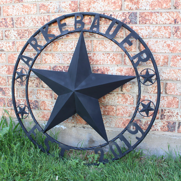 ARKEBAUER STAR STYLE YOUR CUSTOM FAMILY NAME STAR METAL BARN STAR TWISTED ROPE RING WESTERN HOME DECOR RUSTIC BLACK HANDMADE 24",32",36",40",50"