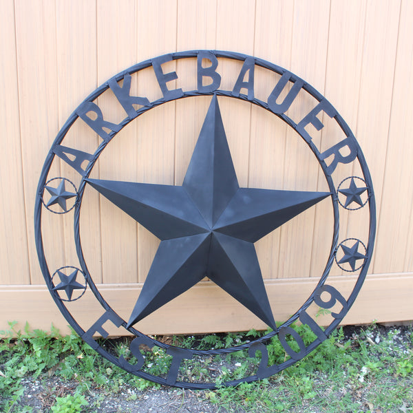 ARKEBAUER STAR STYLE YOUR CUSTOM FAMILY NAME STAR METAL BARN STAR TWISTED ROPE RING WESTERN HOME DECOR RUSTIC BLACK HANDMADE 24",32",36",40",50"