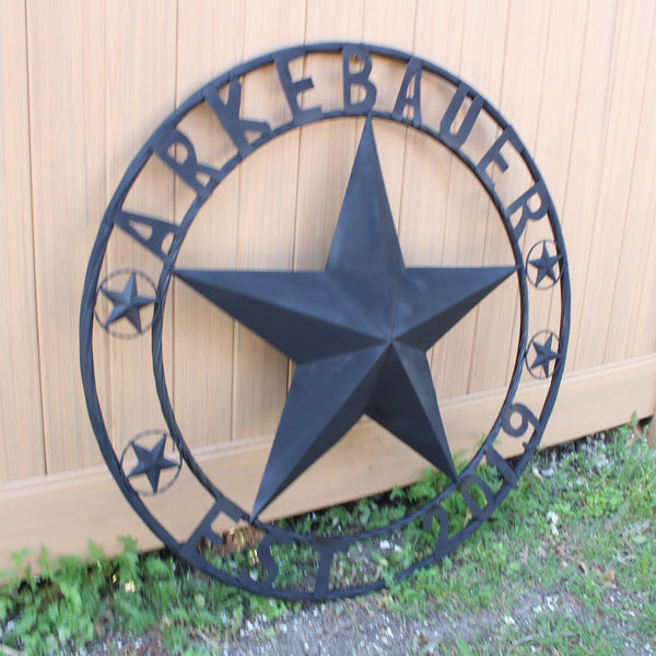ARKEBAUER STAR STYLE YOUR CUSTOM FAMILY NAME STAR METAL BARN STAR TWISTED ROPE RING WESTERN HOME DECOR RUSTIC BLACK HANDMADE 24",32",36",40",50"