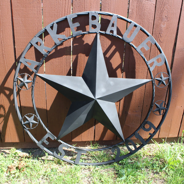 ARKEBAUER STAR STYLE YOUR CUSTOM FAMILY NAME STAR METAL BARN STAR TWISTED ROPE RING WESTERN HOME DECOR RUSTIC BLACK HANDMADE 24",32",36",40",50"