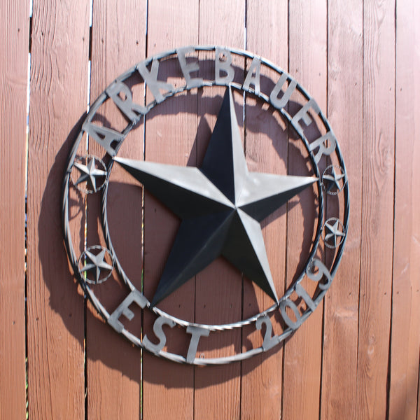 ARKEBAUER STAR STYLE YOUR CUSTOM FAMILY NAME STAR METAL BARN STAR TWISTED ROPE RING WESTERN HOME DECOR RUSTIC BLACK HANDMADE 24",32",36",40",50"