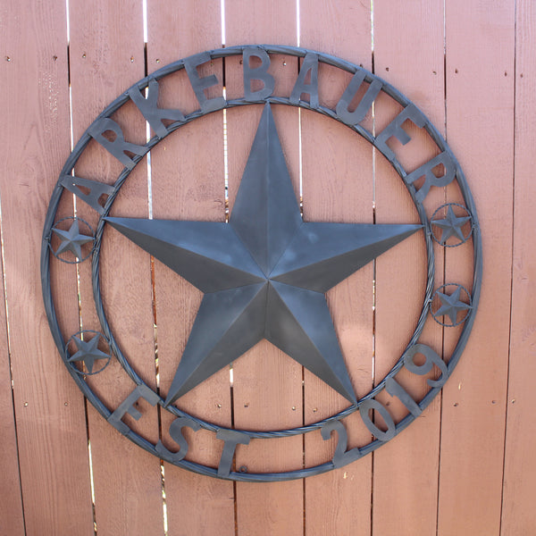 ARKEBAUER STAR STYLE YOUR CUSTOM FAMILY NAME STAR METAL BARN STAR TWISTED ROPE RING WESTERN HOME DECOR RUSTIC BLACK HANDMADE 24",32",36",40",50"