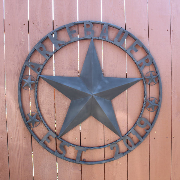 ARKEBAUER STAR STYLE YOUR CUSTOM FAMILY NAME STAR METAL BARN STAR TWISTED ROPE RING WESTERN HOME DECOR RUSTIC BLACK HANDMADE 24",32",36",40",50"
