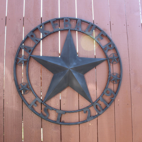 ARKEBAUER STAR STYLE YOUR CUSTOM FAMILY NAME STAR METAL BARN STAR TWISTED ROPE RING WESTERN HOME DECOR RUSTIC BLACK HANDMADE 24",32",36",40",50"