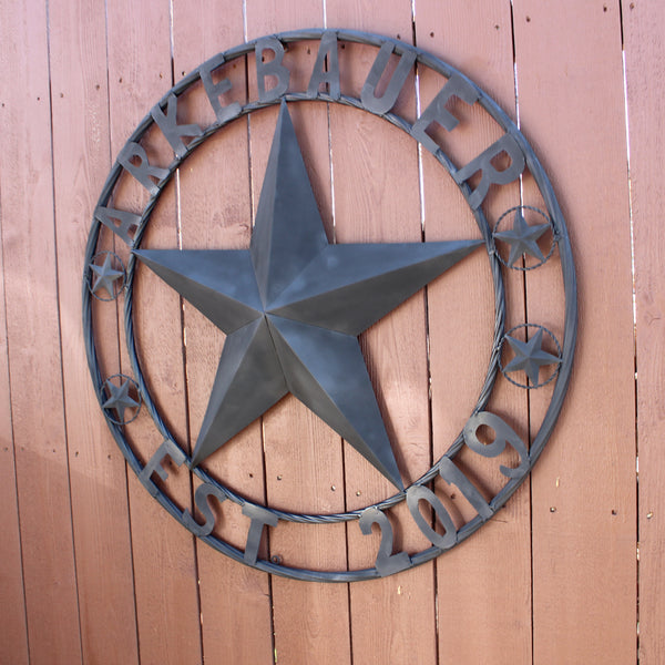 ARKEBAUER STAR STYLE YOUR CUSTOM FAMILY NAME STAR METAL BARN STAR TWISTED ROPE RING WESTERN HOME DECOR RUSTIC BLACK HANDMADE 24",32",36",40",50"