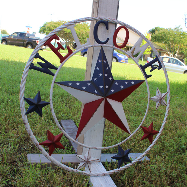 24" WELCOME USA FLAG BARN METAL FLAT STAR 2D PLAIN RED WHITE BLUE WESTER HOME DECOR HANDMADE NEW #EH12310