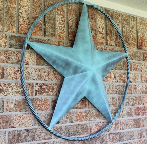 #EH10486 TURQUOISE DISTRESSED LIGHT TWO TONE BARN STAR METAL LONESTAR TWISTED ROPE RING WETSERN HOME DECOR HANDMADE NEW