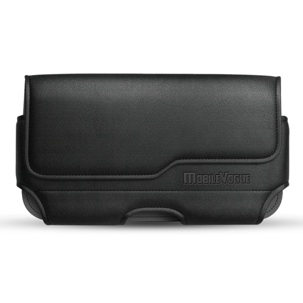MV115-BK HORIZONTAL LEATHER POUCH WITH Z LID PATTERN WITH EMBOSSED LOGO IN BLACK UNIVERSAL