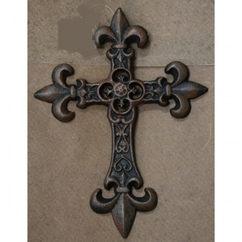 #SI56350 FLEUR DE LIS 10" CROSS CAST IRON DECORATIVE WALL CROSS RUSTIC BROWN FINISH VICTORIAN DECOR HANDMADE NEW