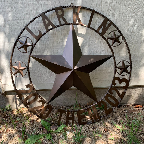 LARKIN STYLE CUSTOM STAR NAME BARN METAL STAR 3d TWISTED ROPE RING WESTERN HOME DECOR RUSTIC  BRONZE HANDMADE 24",32",34",36",40",42",44",46",50"