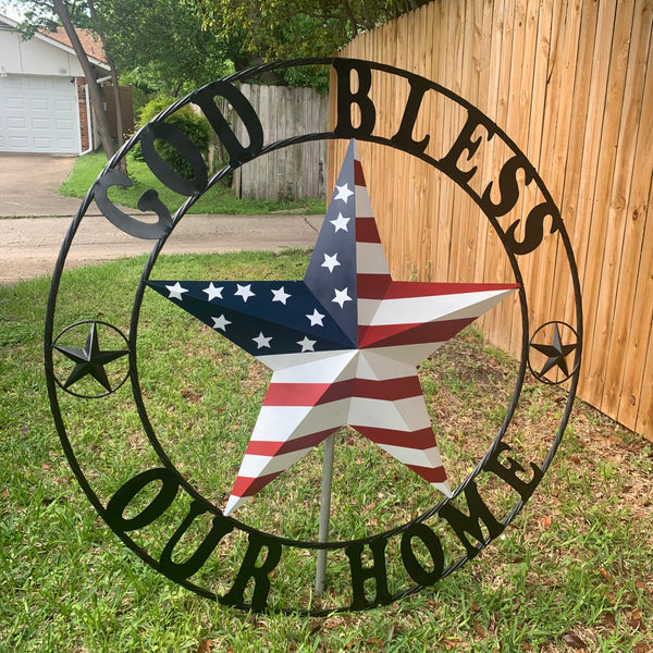 GOD BLESS OUR HOME USA FLAG STAR METAL BARN STAR TWISTED ROPE RING WALL ART WESTERN HOME DECOR RUSTIC RED WHITE & BLUE WITH BLACK RING HANDMADE NEW