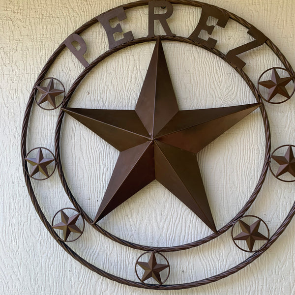 PEREZ CUSTOM STAR NAME BARN METAL STAR 3d TWISTED ROPE RING WESTERN HOME DECOR RUSTIC  BRONZE HANDMADE 24",32",34",36",40",42",44",46",50"