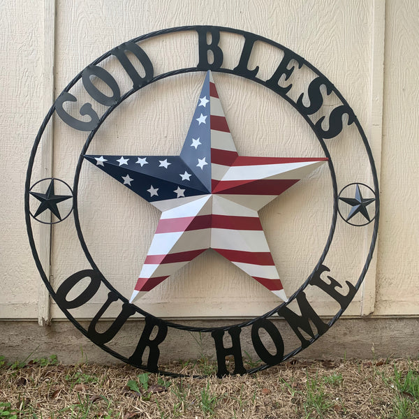GOD BLESS OUR HOME USA FLAG STAR METAL BARN STAR TWISTED ROPE RING WALL ART WESTERN HOME DECOR RUSTIC RED WHITE & BLUE WITH BLACK RING HANDMADE NEW