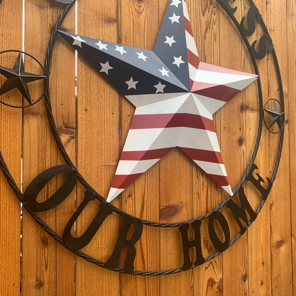 GOD BLESS OUR HOME USA FLAG STAR METAL BARN STAR TWISTED ROPE RING WALL ART WESTERN HOME DECOR RUSTIC RED WHITE & BLUE WITH BLACK RING HANDMADE NEW