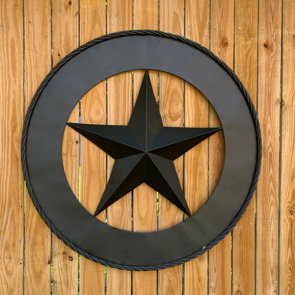 36" RUSTIC BLACK LONE STAR WIDE BAND RING TWISTED ROPE RING METAL STAR WALL ART WESTERN HOME DECOR HANDMADE NEW