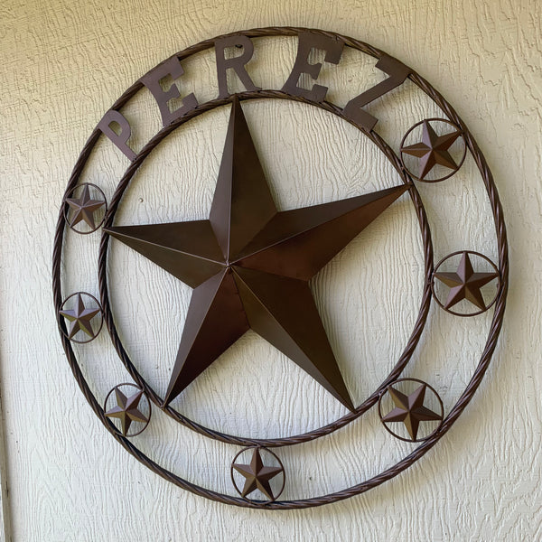 PEREZ CUSTOM STAR NAME BARN METAL STAR 3d TWISTED ROPE RING WESTERN HOME DECOR RUSTIC  BRONZE HANDMADE 24",32",34",36",40",42",44",46",50"