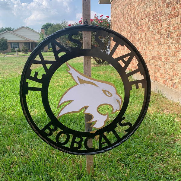 12",18",24",32",36" TEXAS STATE BOBCATS GOLD & WHITE CUSTOM METAL VINTAGE CRAFT TEAM SIGN WESTERN HOME DECOR HANDMADE