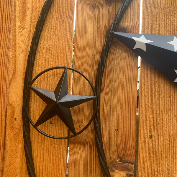 GOD BLESS OUR HOME USA FLAG STAR METAL BARN STAR TWISTED ROPE RING WALL ART WESTERN HOME DECOR RUSTIC RED WHITE & BLUE WITH BLACK RING HANDMADE NEW