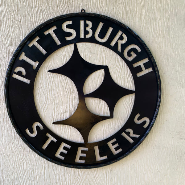 PITTSBURGH BLACK METAL DISC CUSTOM VINTAGE CRAFT TEAM SPORTS SIGN HANDMADE