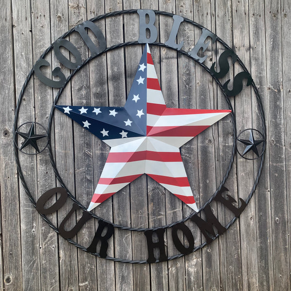 GOD BLESS OUR HOME USA FLAG STAR METAL BARN STAR TWISTED ROPE RING WALL ART WESTERN HOME DECOR RUSTIC RED WHITE & BLUE WITH BLACK RING HANDMADE NEW