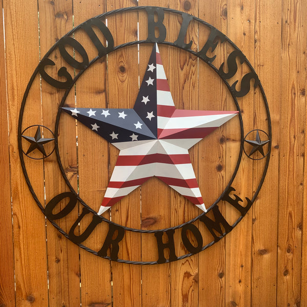 GOD BLESS OUR HOME USA FLAG STAR METAL BARN STAR TWISTED ROPE RING WALL ART WESTERN HOME DECOR RUSTIC RED WHITE & BLUE WITH BLACK RING HANDMADE NEW