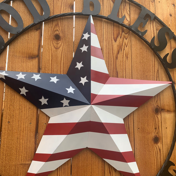 GOD BLESS OUR HOME USA FLAG STAR METAL BARN STAR TWISTED ROPE RING WALL ART WESTERN HOME DECOR RUSTIC RED WHITE & BLUE WITH BLACK RING HANDMADE NEW