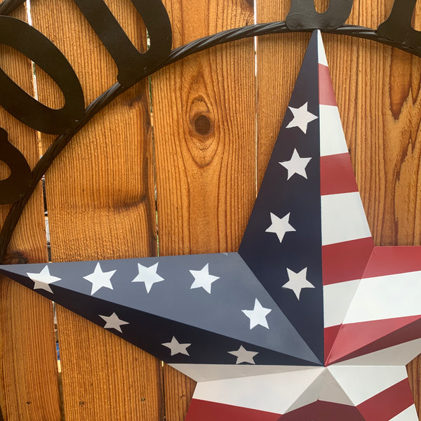 GOD BLESS OUR HOME USA FLAG STAR METAL BARN STAR TWISTED ROPE RING WALL ART WESTERN HOME DECOR RUSTIC RED WHITE & BLUE WITH BLACK RING HANDMADE NEW