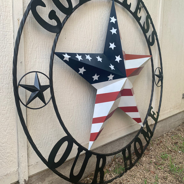 GOD BLESS OUR HOME USA FLAG STAR METAL BARN STAR TWISTED ROPE RING WALL ART WESTERN HOME DECOR RUSTIC RED WHITE & BLUE WITH BLACK RING HANDMADE NEW