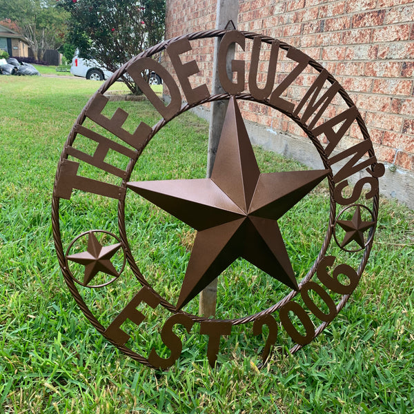 GUZMAN STYLE CUSTOM STAR NAME BARN METAL STAR 3d TWISTED ROPE RING WESTERN HOME DECOR RUSTIC  BRONZE HANDMADE 24",32",34",36",40",42",44",46",50"