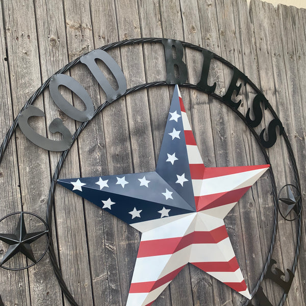 GOD BLESS OUR HOME USA FLAG STAR METAL BARN STAR TWISTED ROPE RING WALL ART WESTERN HOME DECOR RUSTIC RED WHITE & BLUE WITH BLACK RING HANDMADE NEW