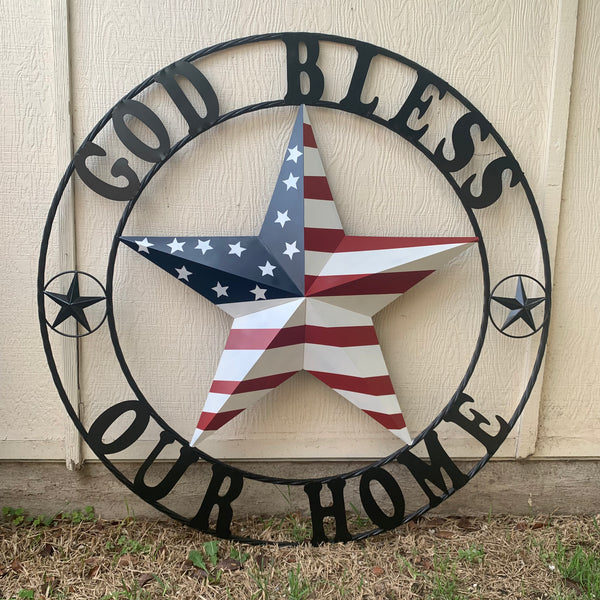 GOD BLESS OUR HOME USA FLAG STAR METAL BARN STAR TWISTED ROPE RING WALL ART WESTERN HOME DECOR RUSTIC RED WHITE & BLUE WITH BLACK RING HANDMADE NEW