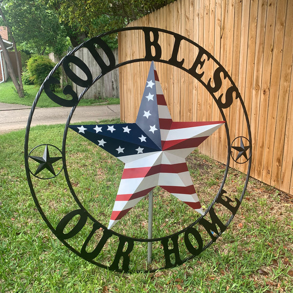 GOD BLESS OUR HOME USA FLAG STAR METAL BARN STAR TWISTED ROPE RING WALL ART WESTERN HOME DECOR RUSTIC RED WHITE & BLUE WITH BLACK RING HANDMADE NEW