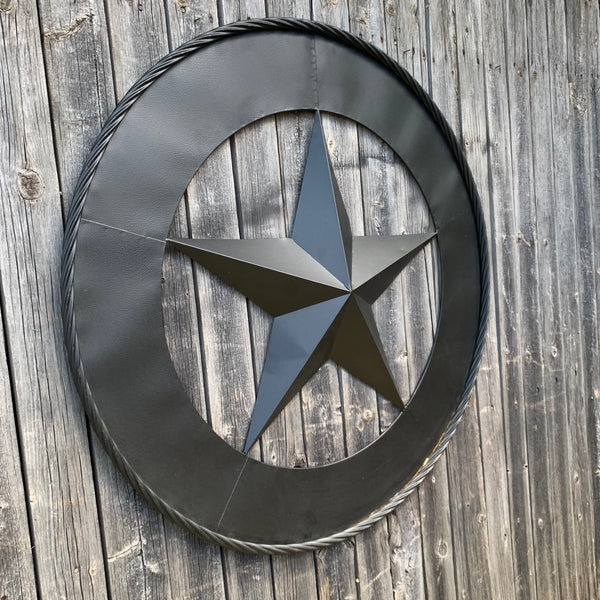 36" RUSTIC BLACK LONE STAR WIDE BAND RING TWISTED ROPE RING METAL STAR WALL ART WESTERN HOME DECOR HANDMADE NEW
