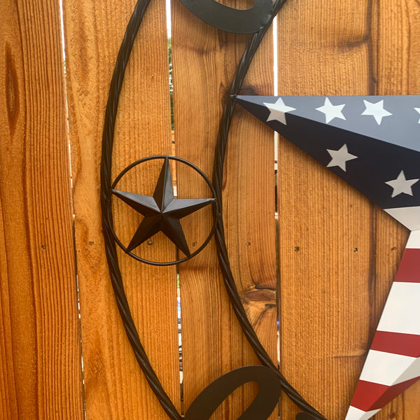 GOD BLESS OUR HOME USA FLAG STAR METAL BARN STAR TWISTED ROPE RING WALL ART WESTERN HOME DECOR RUSTIC RED WHITE & BLUE WITH BLACK RING HANDMADE NEW