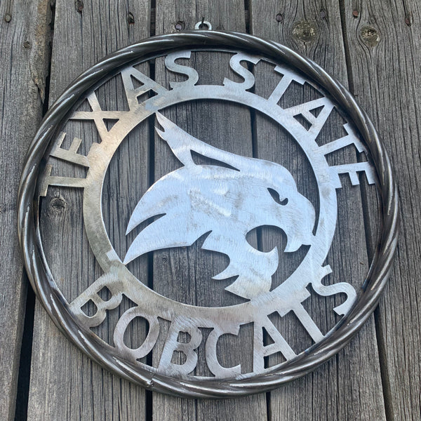 12" TEXAS STATE BOBCATS CUSTOM RAW METAL VINTAGE CRAFT SIGN TEAM ART HANDMADE IN TEXAS